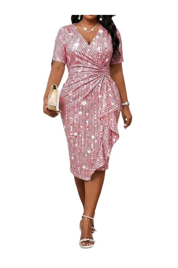 Plus Size Pink Wrap Dress for Women, V-Neck Short Sleeve Ruffle Hem Printed Midi Dress Women’s Plus Size Pink V-Neck Wrap Dress, Short Sleeve Ruffle Hem Midi Dress for Wedding Guest, Graduation