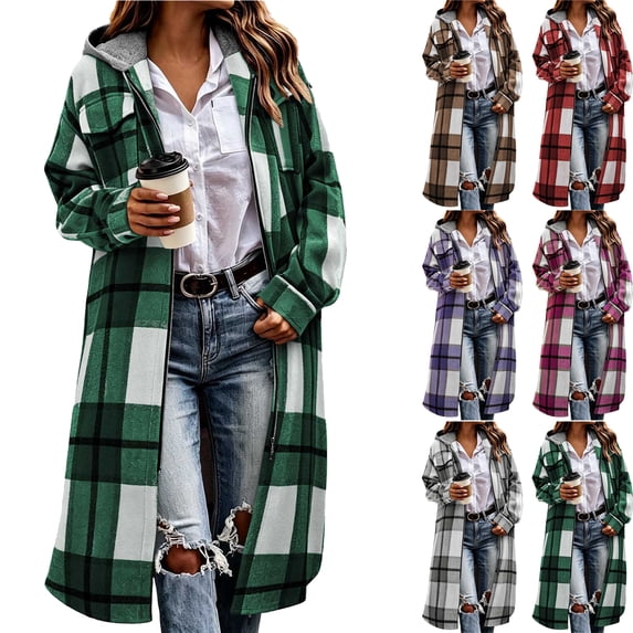 Plus Size Plaid Jackets for Women Lightweight Casual Zipper Hooded Cardigan Long Sleeves Coat Tops
