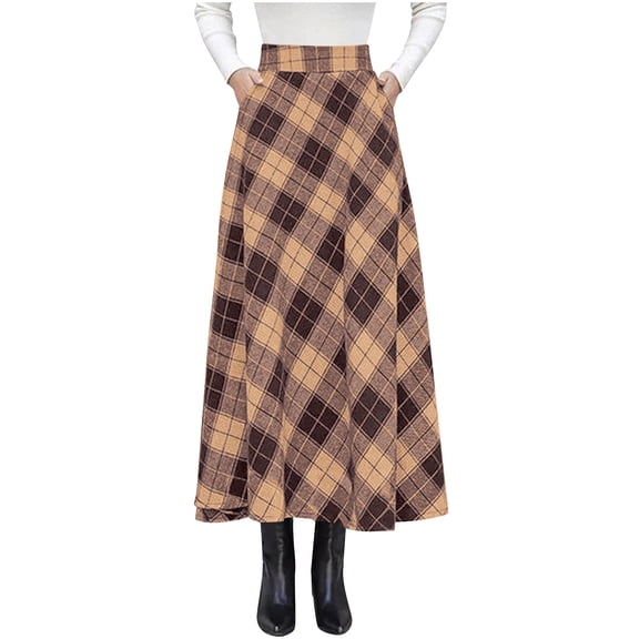 Plus Size Plaid Maxi Skirts Womens High Waist Ruffle Flare Aline Long Skirts with Pockets Khaki, 5XL
