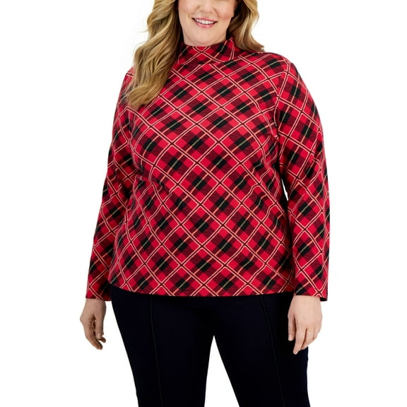 Plus Size Plaid Mock-Neck Top New Red Amore Plaid 2X