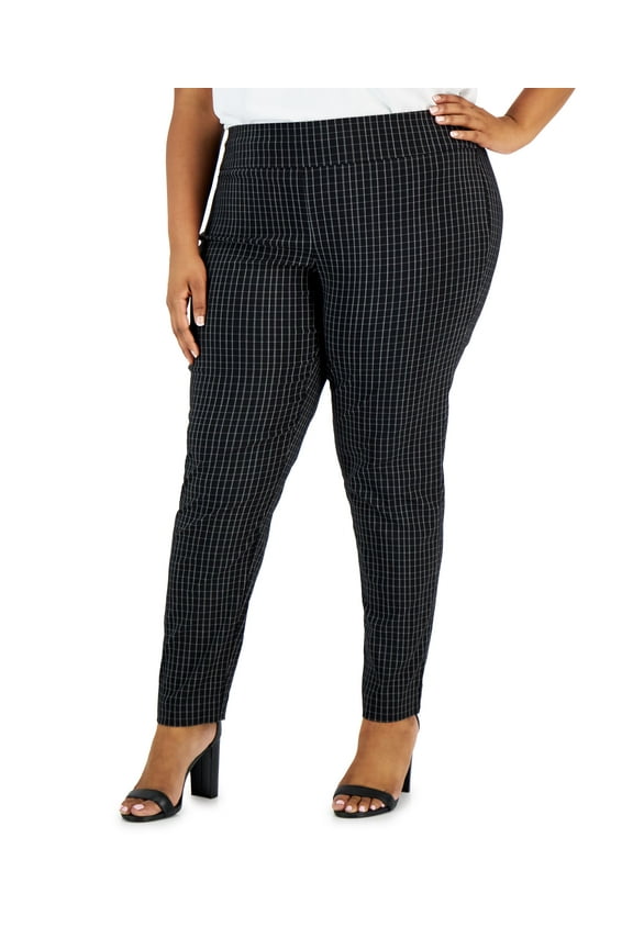 Plus Size Plaid-Print High-Rise Pull-On Skinny Pants Deep Black 24W