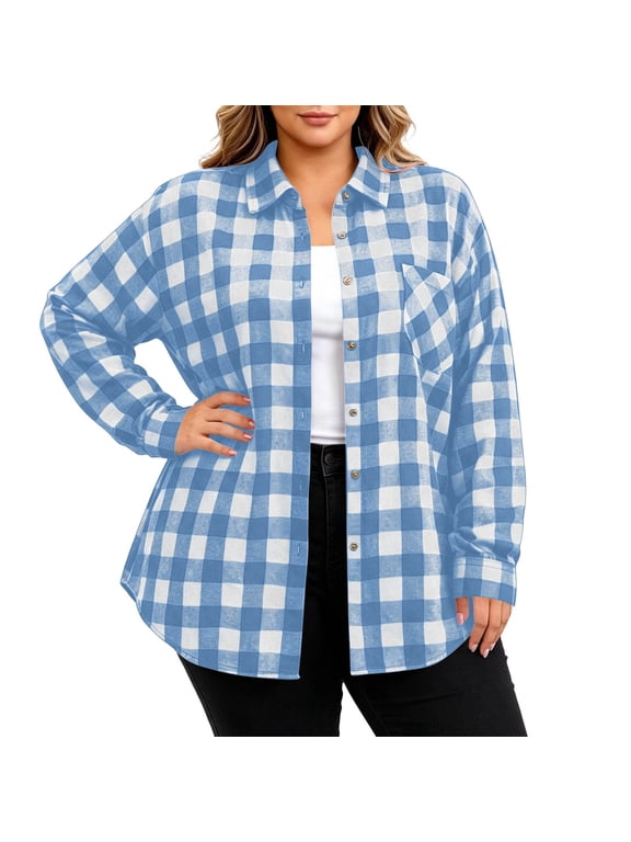 Plus Size Plaid Shirts for Women Flannel Button Down Shirt Cardigans Dressy Casual Fall Blouses, Light Blue, 2XL
