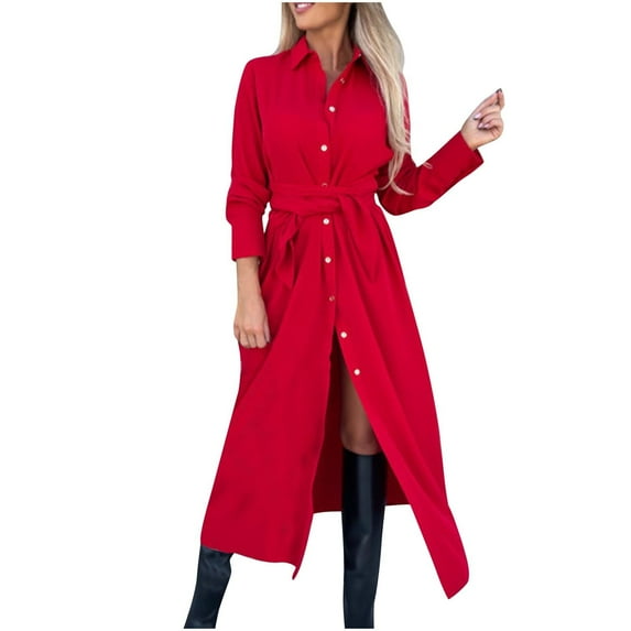 Plus Size Pleated Dress Women's Fashion Casual Print Long Sleeve Turndown Collar Ankle Length Dress Graduation Dress S-109 Red-A L