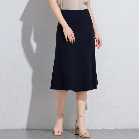 Plus Size Pleated Skirt Women Elegant Midi Skirts Knee Length A-Line Flared Business Skirt for Office Casual Blue L