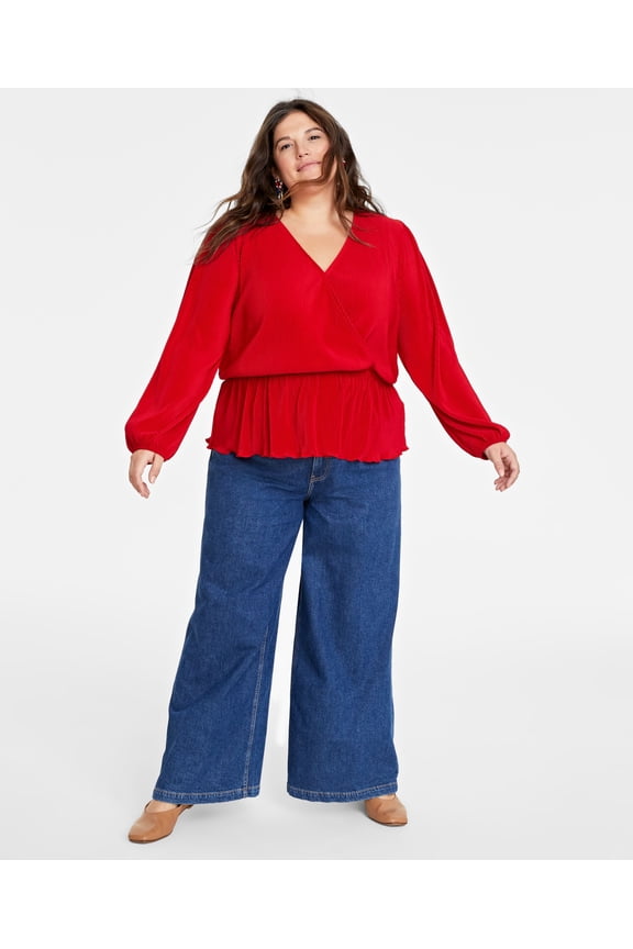 Plus Size Plissé Surplice-Neck Peplum Top Equestrian Red 2X