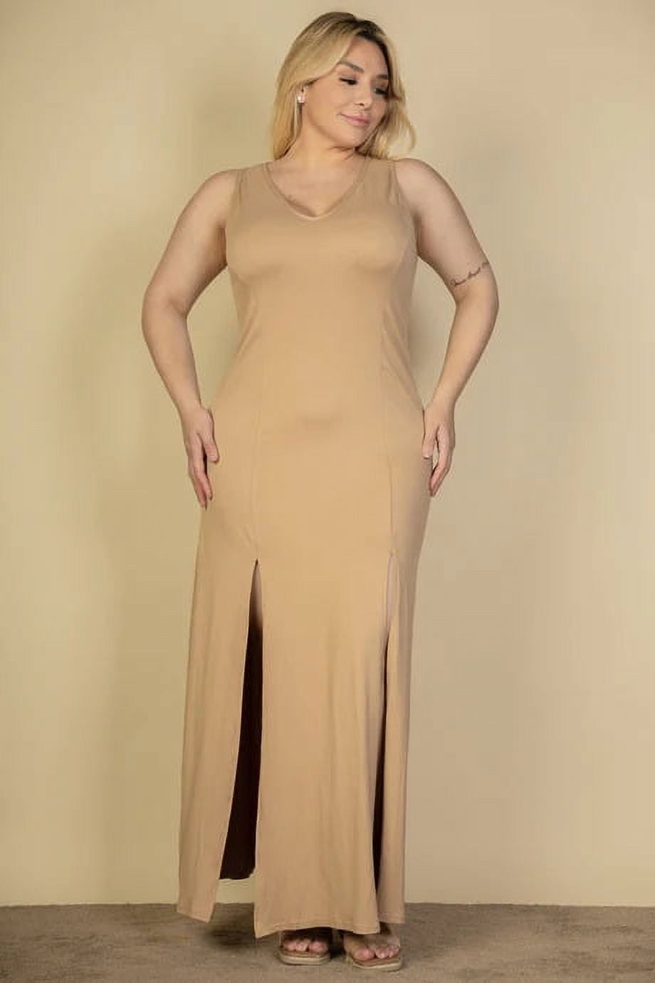 Plus Size Sleeveless Ruched Side Split Maxi Dresses