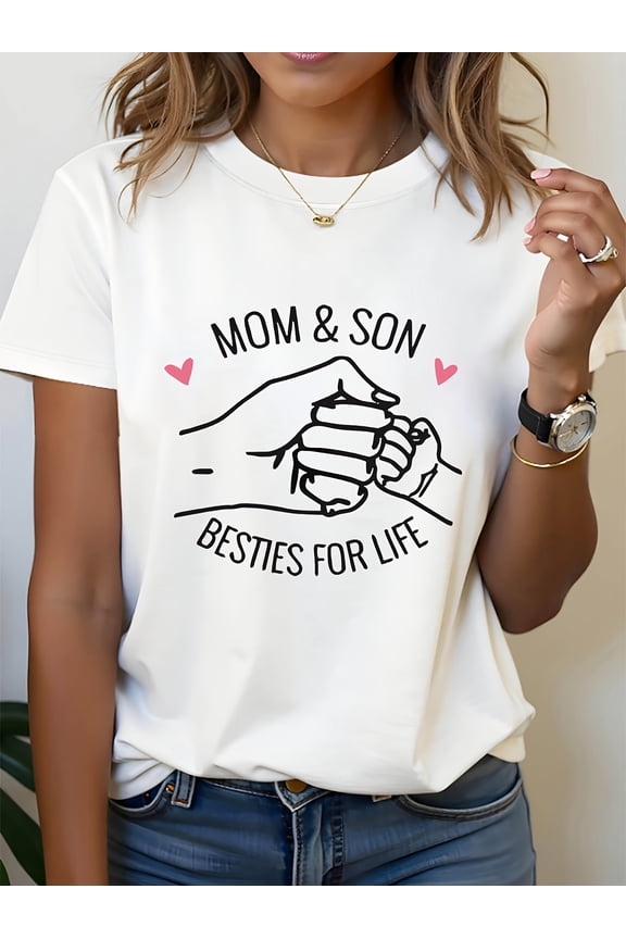Plus Size - Plus Size - MOM SON BESTIES FOR LIFE Graphic Print Plus Size Women'S T-Shirt, Short Sleeve Crew Neck Casual Top for Summer & Spring, Women'S Clothing