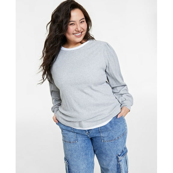 Plus Size Pointelle-Rib Long-Sleeve Top Light Grey Heather 3X