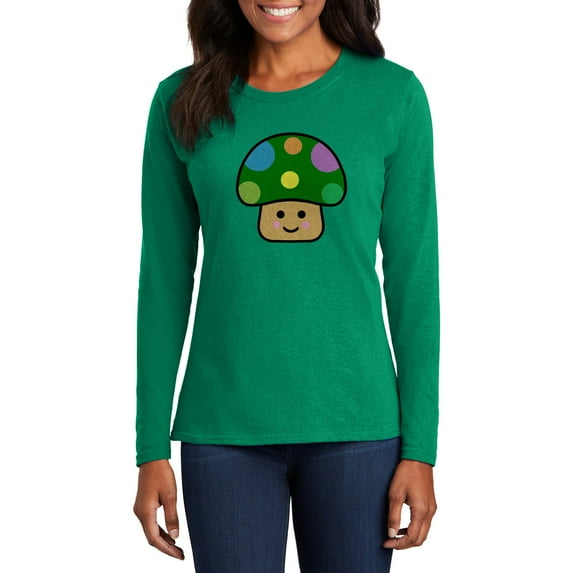 Plus Size Pokadot Toad Mushroom Women's Big Size Brand Name Long Sleeve Cotton T-Shirt - Kelly 4XL