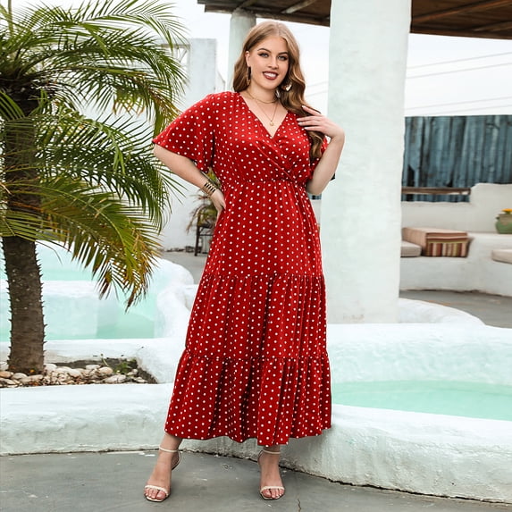 Plus Size Polka Dot Short Sleeve Tiered Maxi Dress XL-4XL