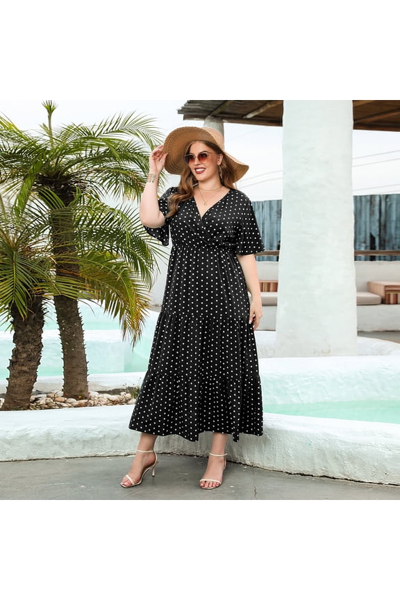 Plus Size Polka Dot Short Sleeve Tiered Maxi Dress XL-4XL