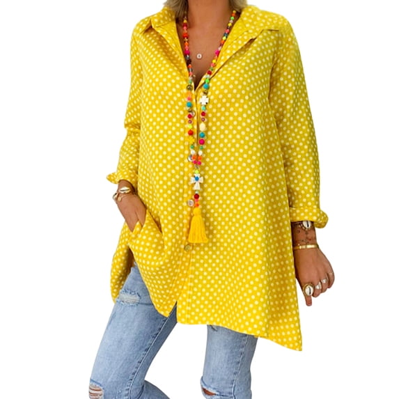 Plus Size Polka Dot Tops Women Roll Up Sleeve Casual Buttons Down Neck Blouse Shirt Tunic T-Shirt Loose Baggy Shirt