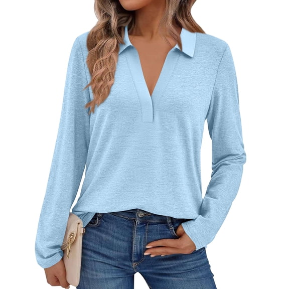 Plus Size Polo Shirts for Women V Neck Long Sleeve Business Collared Shirt Casual Loose Fit Fall Tops Blouse Light Blue XXL