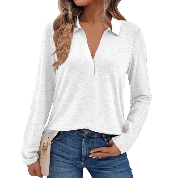 Plus Size Polo Shirts for Women V Neck Long Sleeve Business Collared Shirt Casual Loose Fit Fall Tops Blouse White XXL