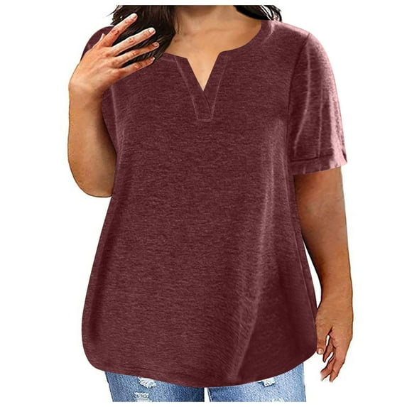 Plus Size Polyester Cotton T Shirts for Women Loose Summer Top Comfy Short Sleeve V Neck Base Tees Plain Tshirts (3X-Large, Wine)