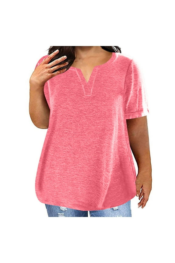 Plus Size Polyester Cotton T Shirts for Women Loose Summer Top Comfy Short Sleeve V Neck Base Tees Plain Tshirts (XX-Large, Pink)