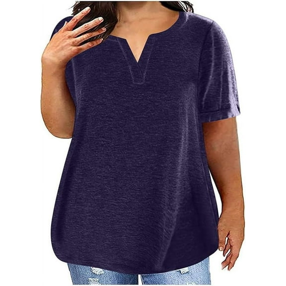 Plus Size Polyester Cotton V Neck T Shirts for Women Loose Summer Top Casual Loose Fit Comfy Short Sleeve Base Tees Plain Tunic Tops