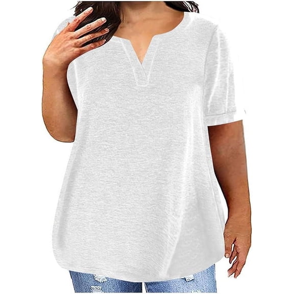 Plus Size Polyester Cotton V Neck T Shirts for Women Loose Summer Top Casual Loose Fit Comfy Short Sleeve Base Tees Plain Tunic Tops