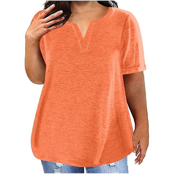 Plus Size Polyester Cotton V Neck T Shirts for Women Loose Summer Top Casual Loose Fit Comfy Short Sleeve Base Tees Plain Tunic Tops