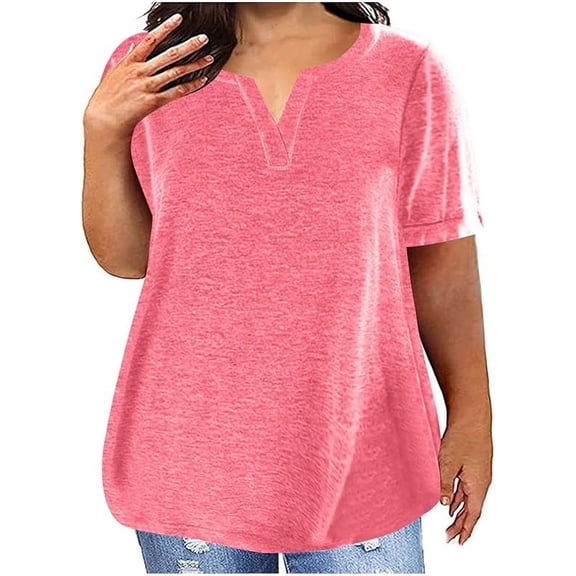 Plus Size Polyester Cotton V Neck T Shirts for Women Loose Summer Top Casual Loose Fit Comfy Short Sleeve Base Tees Plain Tunic Tops