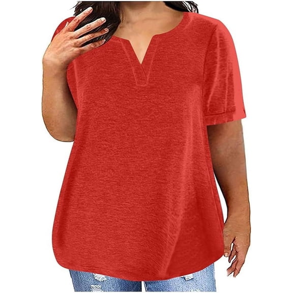 Plus Size Polyester Cotton V Neck T Shirts for Women Loose Summer Top Casual Loose Fit Comfy Short Sleeve Base Tees Plain Tunic Tops