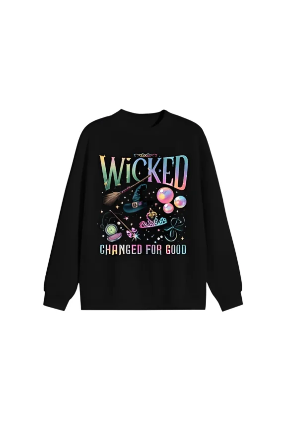 Plus Size Polyester Knit Wicked Changed For Good Graphic Sweatshirt, Casual Crew Neck Pullover With Slight Stretch, Cartoon Pattern, For Women, FallWinter Collection
