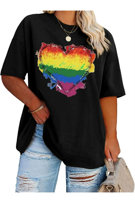 Plus Size Pride Shirt: Rainbow Heart Graphic Tshirt LGBT Gay Pride Tees Casual Short Sleeve Tops Tee