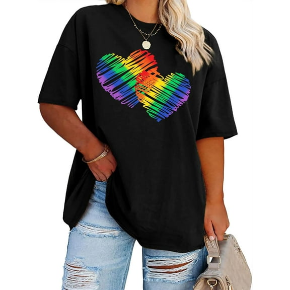 Plus Size Pride Shirt: Rainbow Heart Graphic Tshirt LGBT Gay Pride Tees Casual Short Sleeve Tops Tops Tee