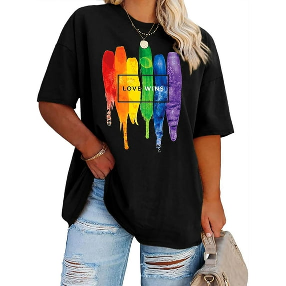 Plus Size Pride Shirt: Rainbow Heart Graphic Tshirt LGBT Gay Pride Tees Casual Short Sleeve Tops Tops Tee
