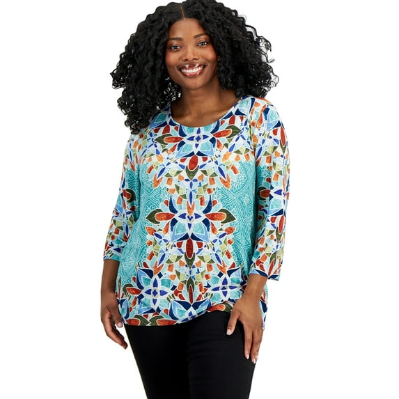 Plus Size Printed 3/4-Sleeve Top Amalfi Blue Combo 1X