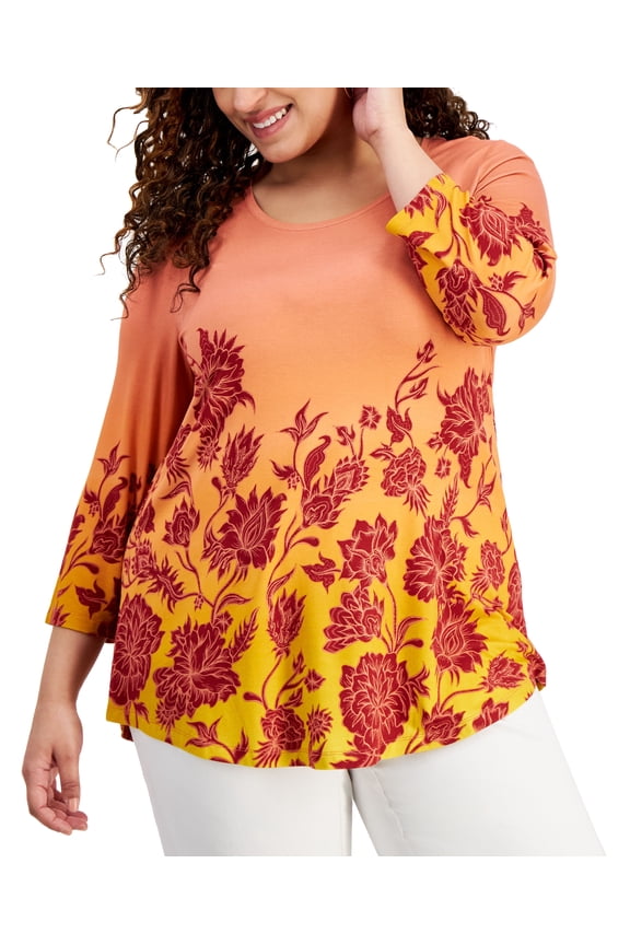 Plus Size Printed 3/4-Sleeve Top Burnt Brick Combo 2X