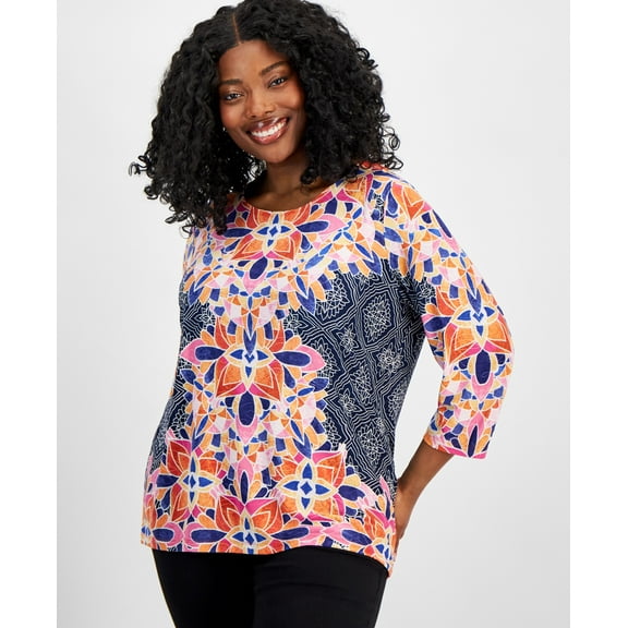 Plus Size Printed 3/4-Sleeve Top Intrepid Blue Combo 1X