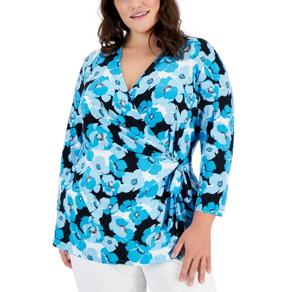 Plus Size Printed 3/4-Sleeve Wrap Top Tropical Blue Multi 1X