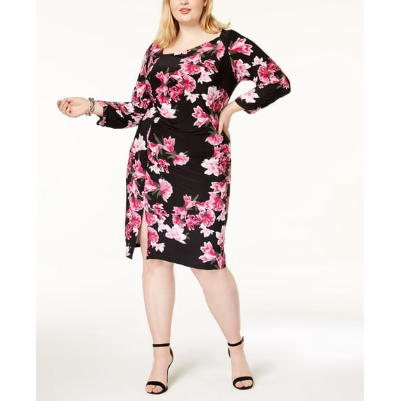 Plus Size Printed Asymmetrical Dress Black 0X Plus