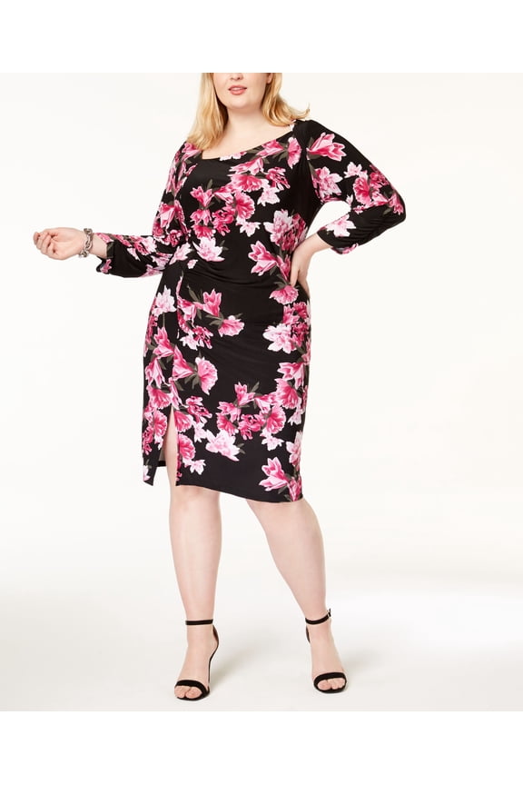 Plus Size Printed Asymmetrical Dress Black 0X Plus