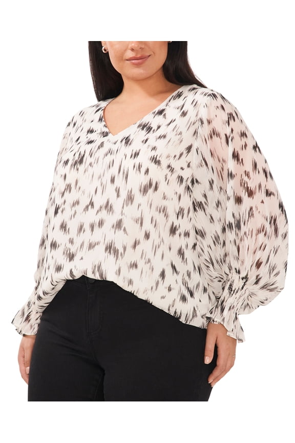 Plus Size Printed Blouson-Sleeve Top New Ivory 3X