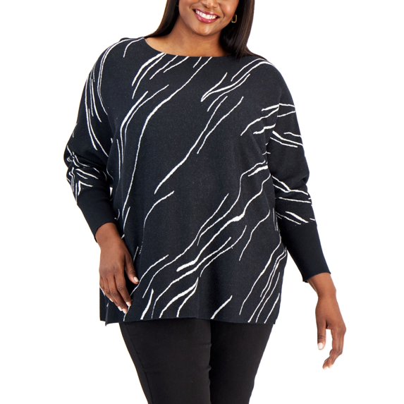Plus Size Printed Boat-Neck Sweater Black 3X