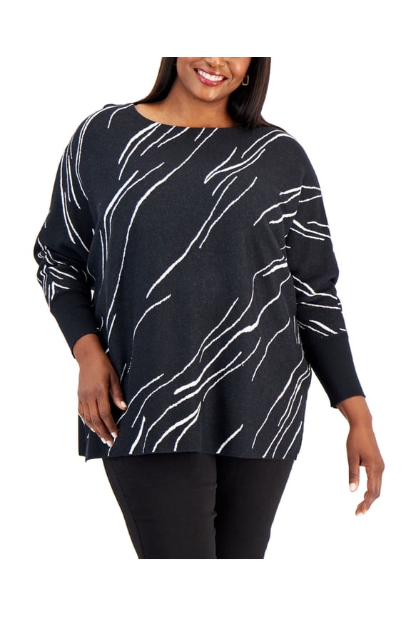 Plus Size Printed Boat-Neck Sweater Black 3X