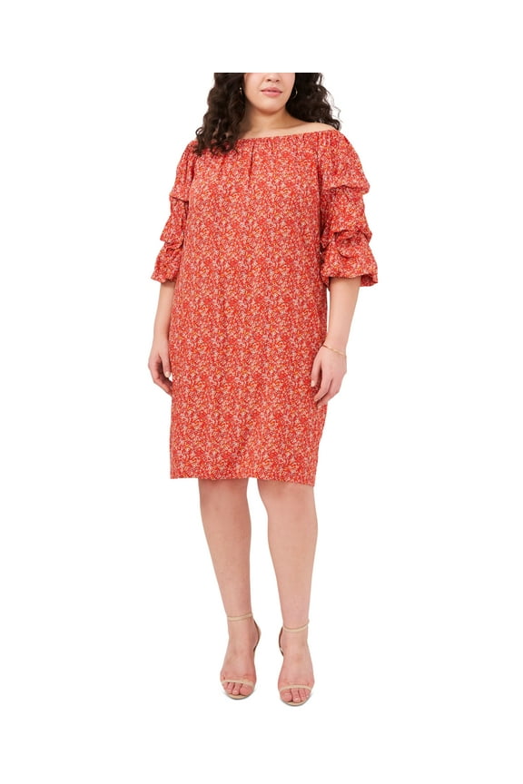 Plus Size Printed Bubble-Sleeve Shift Dress Red Multi 1X