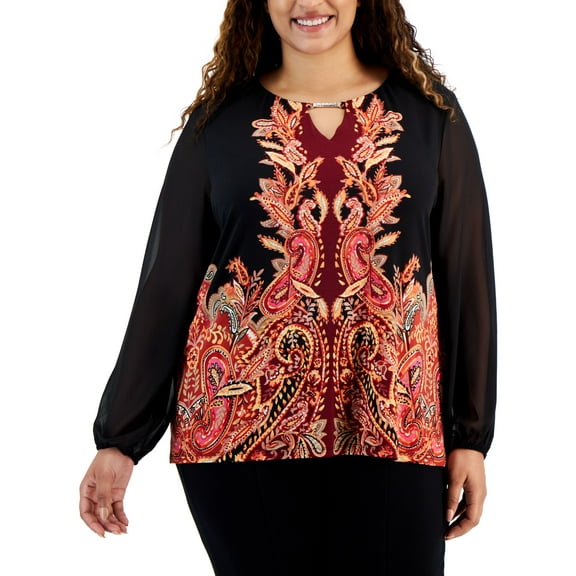 Plus Size Printed Chiffon-Sleeve Embellished-Neck Top Deep Black Combo 1X