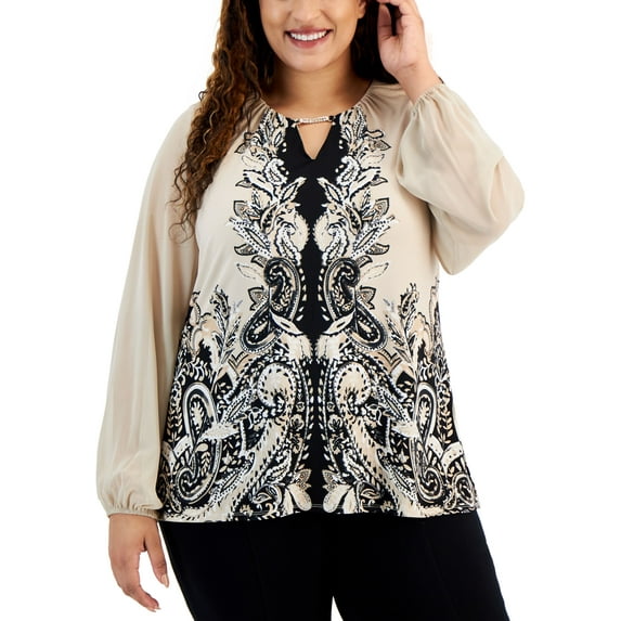 Plus Size Printed Chiffon-Sleeve Embellished-Neck Top Stone 2X