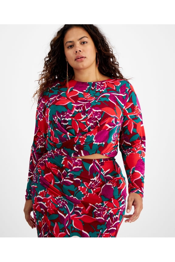 Plus Size Printed Cross-Hem Long-Sleeve Cropped Top Shadow Shine 2X