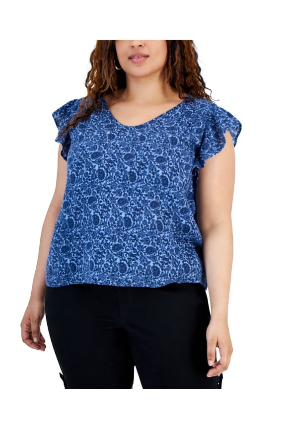 Plus Size Printed Flutter-Sleeve Top Floral Blue 2X