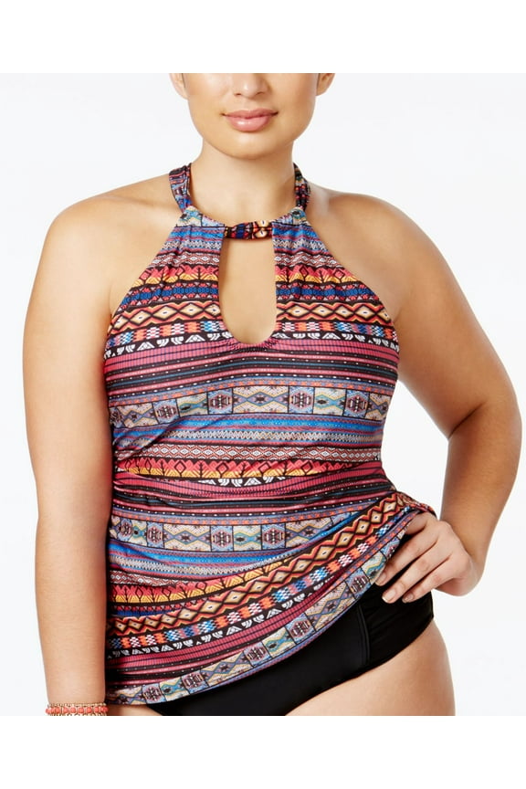 Plus Size Printed High-Neck Keyhole Tankini Top