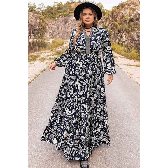 Plus Size Printed Lantern Sleeve Dress (2XL, MultiBlack)