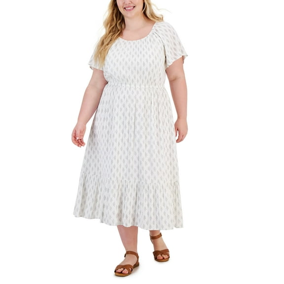 Plus Size Printed On-Off Ruffle Hem Dress Block Fern Blue 1X