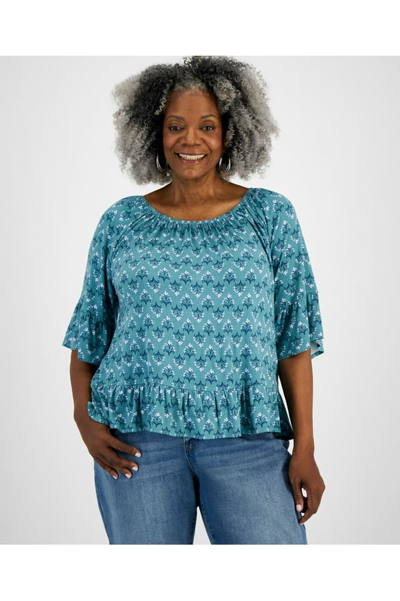 Plus Size Printed On/Off-The-Shoulder Knit Top Flower Desert Teal 2X