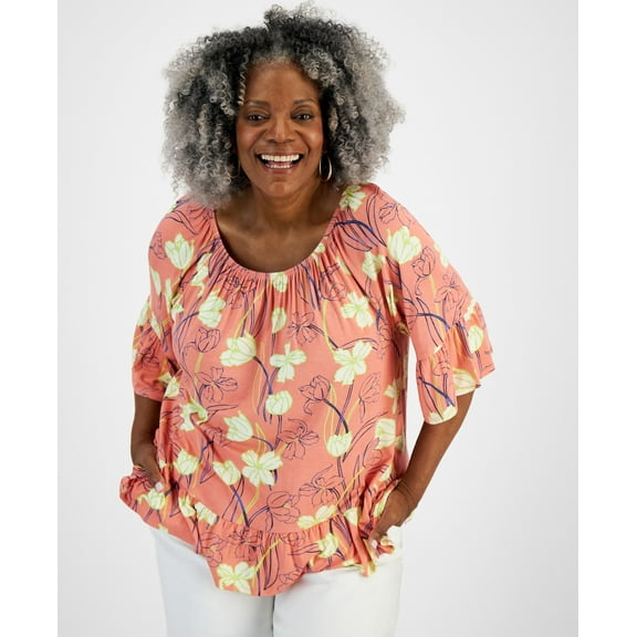 Plus Size Printed On/Off-The-Shoulder Knit Top Tulip Coral 1X