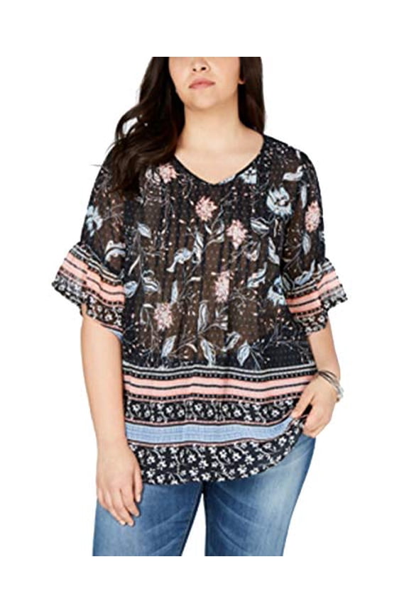 Plus Size Printed Pintucked Blouse Courtyard Bliss 3X