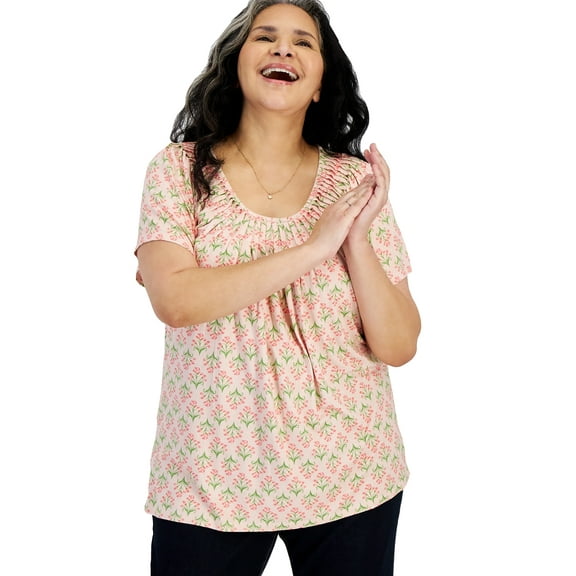 Plus Size Printed Pleat-Neck Top Flower Pink 1X